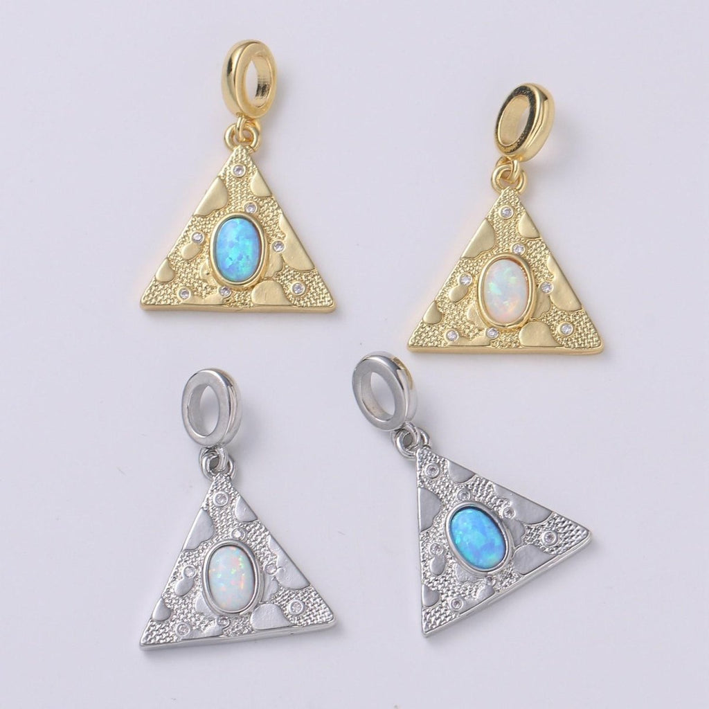 14K Gold Filled Blue, White Opal CZ Textured Triangle Drop Rondelle Pendant in Gold & Silver | H307