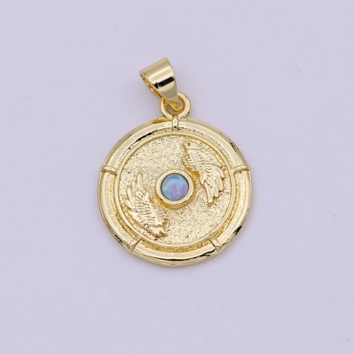14K Gold Filled White, Blue Opal Angel Wing Round Pendant | H557 H560