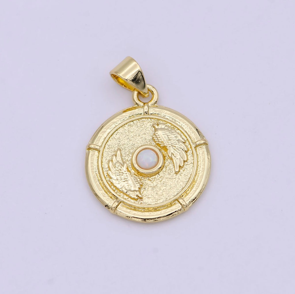 14K Gold Filled White, Blue Opal Angel Wing Round Pendant | H557 H560