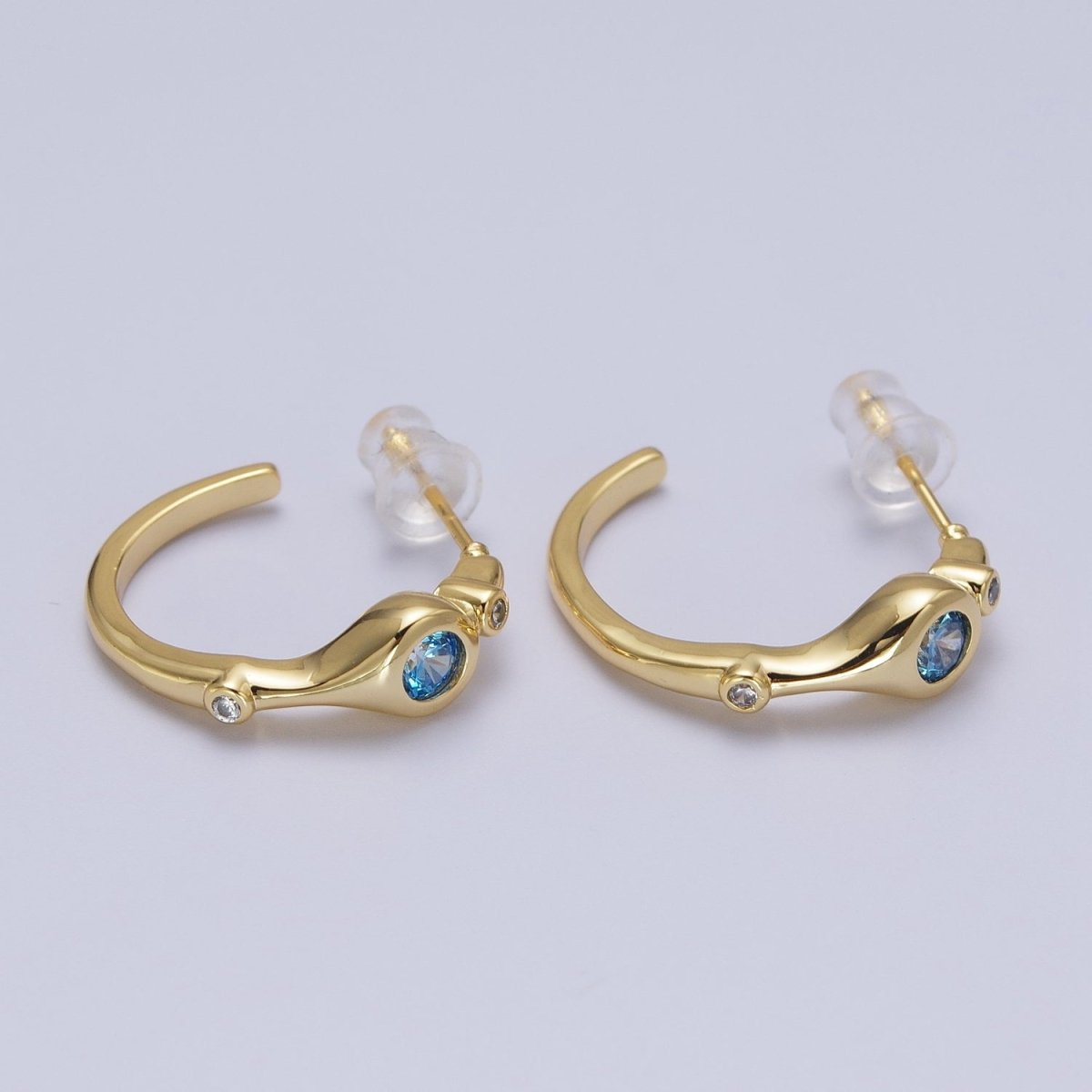 Gold Blue CZ Round Geometric 20mm C-Shaped Hoops Earrings | AD199