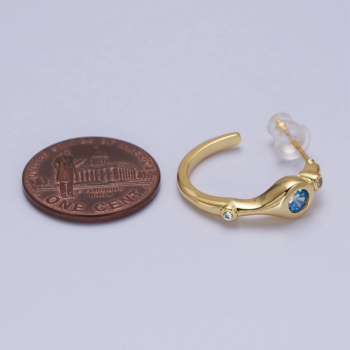 Gold Blue CZ Round Geometric 20mm C-Shaped Hoops Earrings | AD199