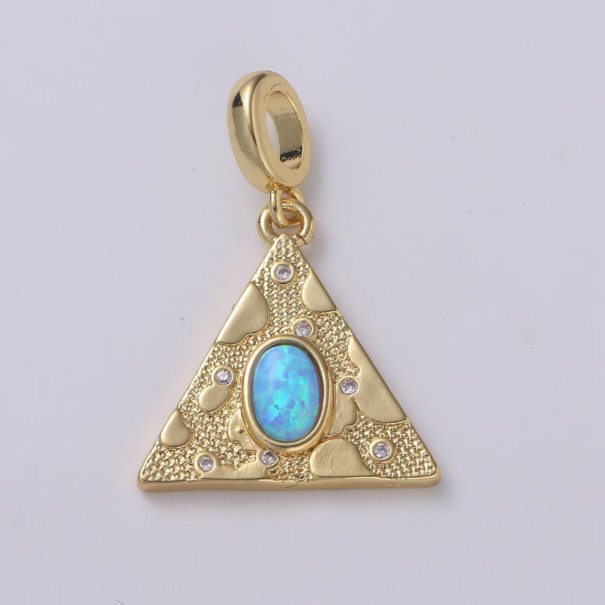 14K Gold Filled Blue, White Opal CZ Textured Triangle Drop Rondelle Pendant in Gold & Silver | H307