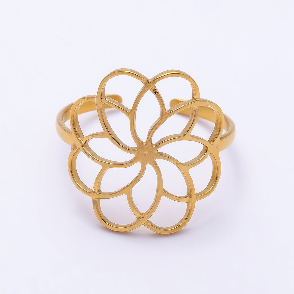 PVD Gold Stainless Steel Open Minimalist Flower Statement Ring | Rings-00323