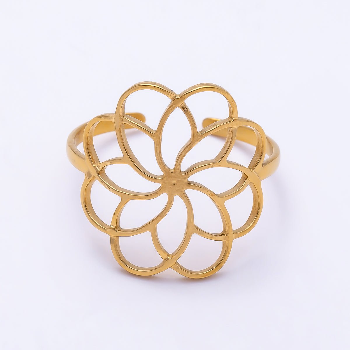 PVD Gold Stainless Steel Open Minimalist Flower Statement Ring | Rings-00323