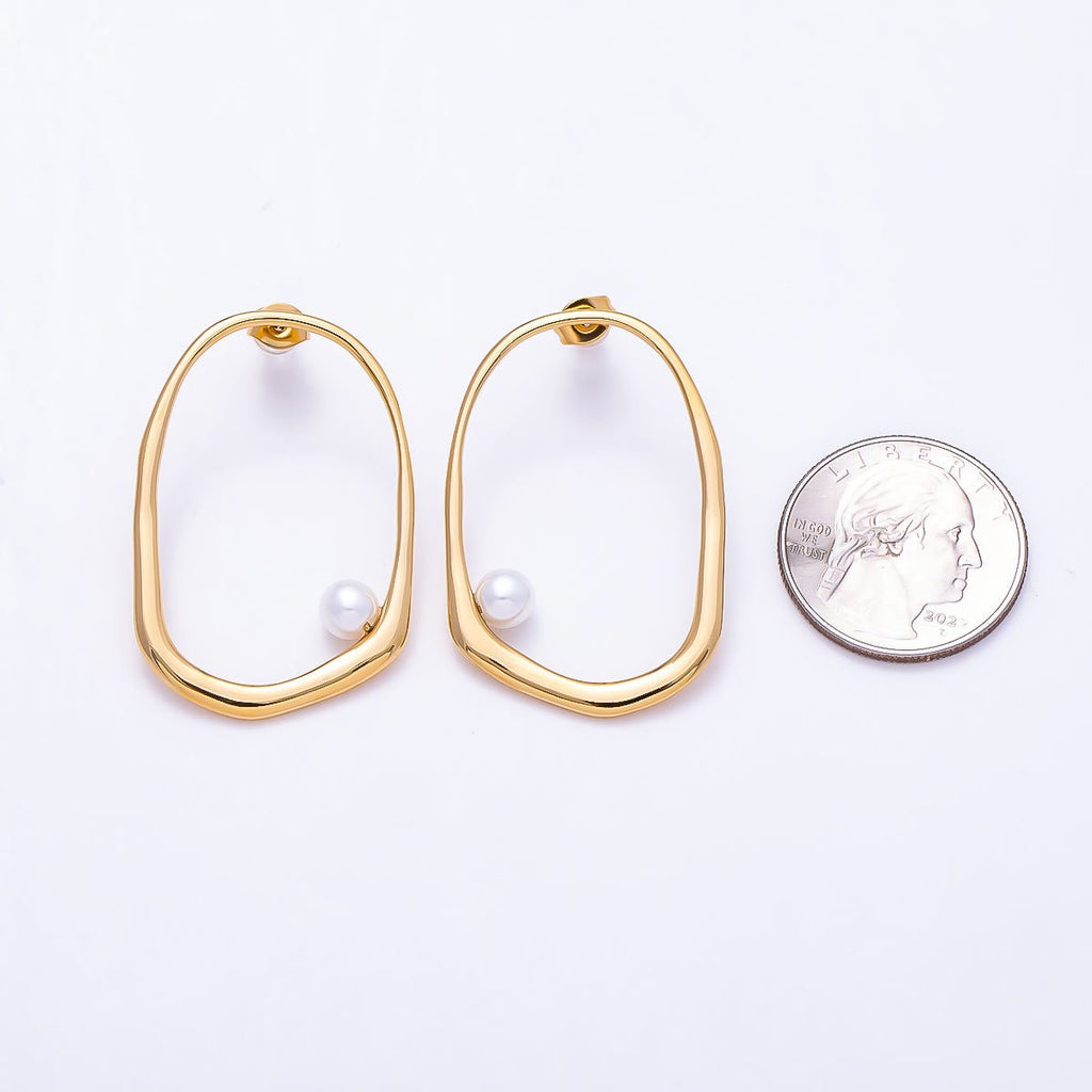 Stainless Steel PVD Gold 40mm Shell Pearl Edged Geometric Open Rectangle Stud | Earrings-00729
