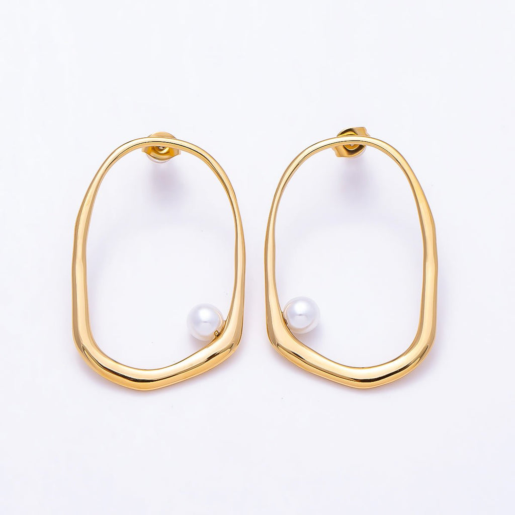 Stainless Steel PVD Gold 40mm Shell Pearl Edged Geometric Open Rectangle Stud | Earrings-00729