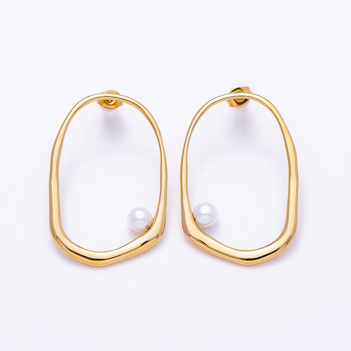 Stainless Steel PVD Gold 40mm Shell Pearl Edged Geometric Open Rectangle Stud | Earrings-00729