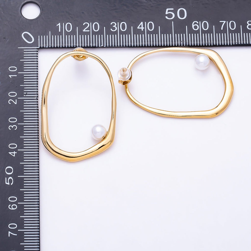 Stainless Steel PVD Gold 40mm Shell Pearl Edged Geometric Open Rectangle Stud | Earrings-00729