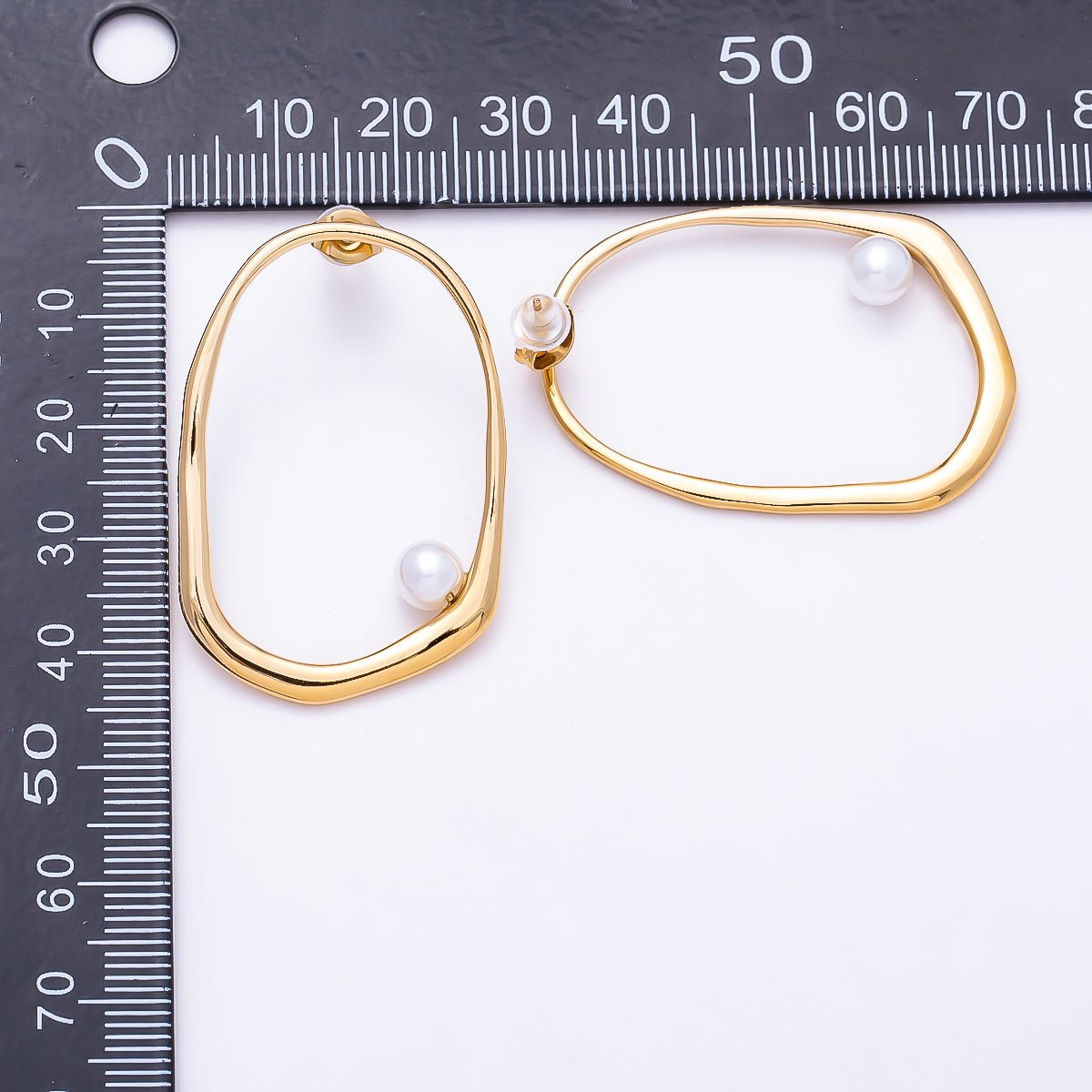 Stainless Steel PVD Gold 40mm Shell Pearl Edged Geometric Open Rectangle Stud | Earrings-00729