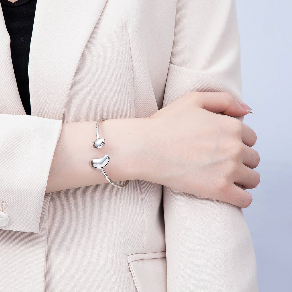 Stainless Steel Silver PVD Minimalist Molten Heart Bean Oval Wrap Cuff Bracelet | WA-01233