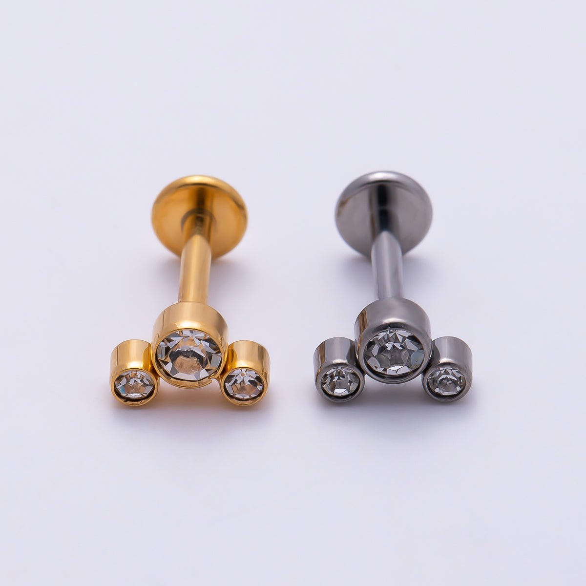 Titanium 11mm Triple Round CZ Bezel Cartilage Piercing Flat Back Stud in Gold & Silver | BJ-00209 BJ-00210