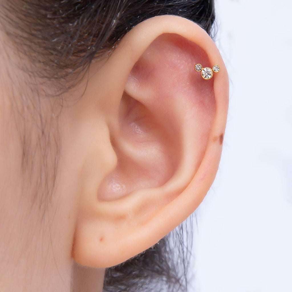 Titanium 11mm Triple Round CZ Bezel Cartilage Piercing Flat Back Stud in Gold & Silver | BJ-00209 BJ-00210