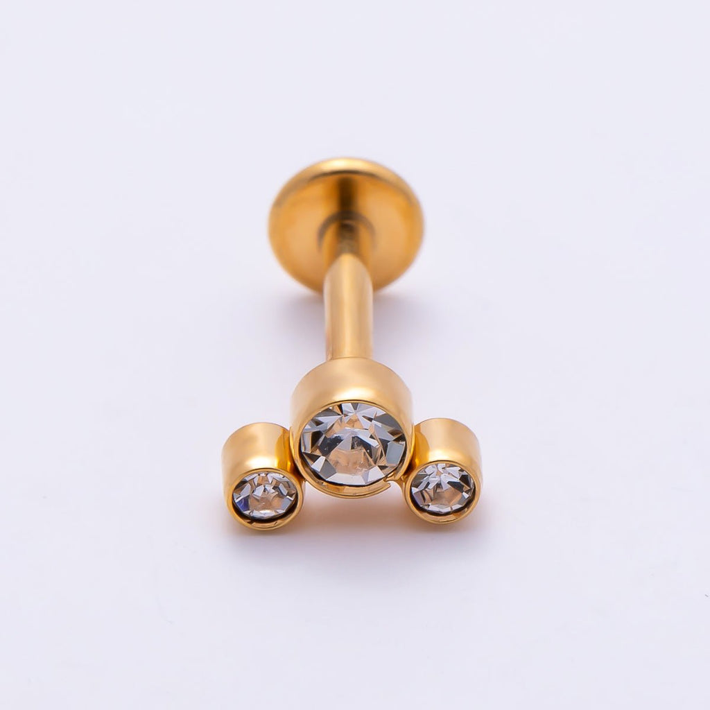 Titanium 11mm Triple Round CZ Bezel Cartilage Piercing Flat Back Stud in Gold & Silver | BJ-00209 BJ-00210