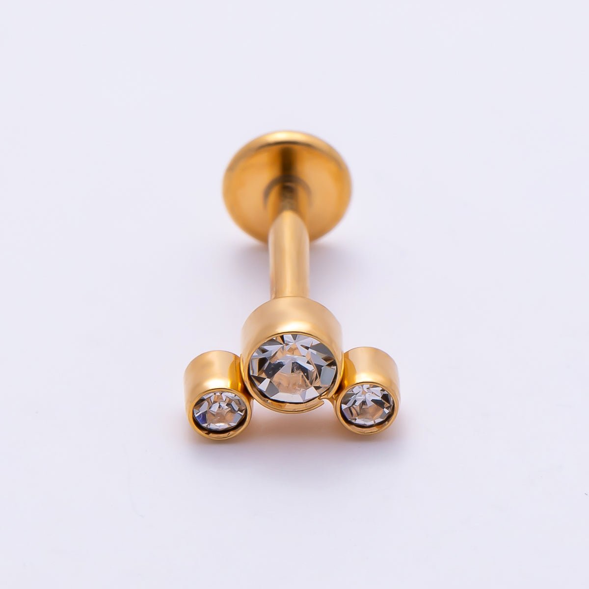 Titanium 11mm Triple Round CZ Bezel Cartilage Piercing Flat Back Stud in Gold & Silver | BJ-00209 BJ-00210