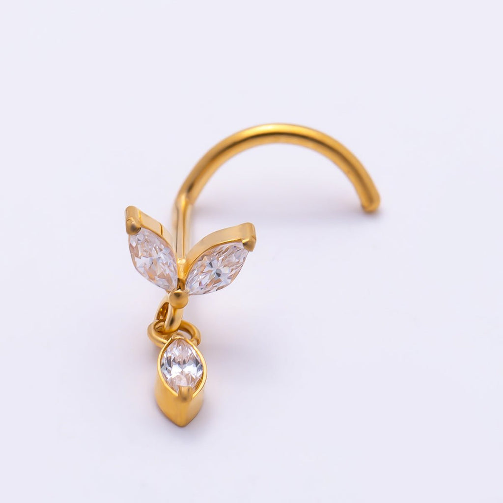 Titanium 9.5mm Marquise CZ Leaf Cartilage Nose Single Piercing Stud in Gold and Silver | Findings-00456 Findings-00457